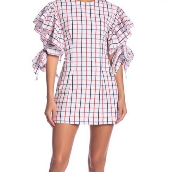 Grey Lab Ruffle Sleeve Plaid Mini Dress Medium - Picture 4 of 14